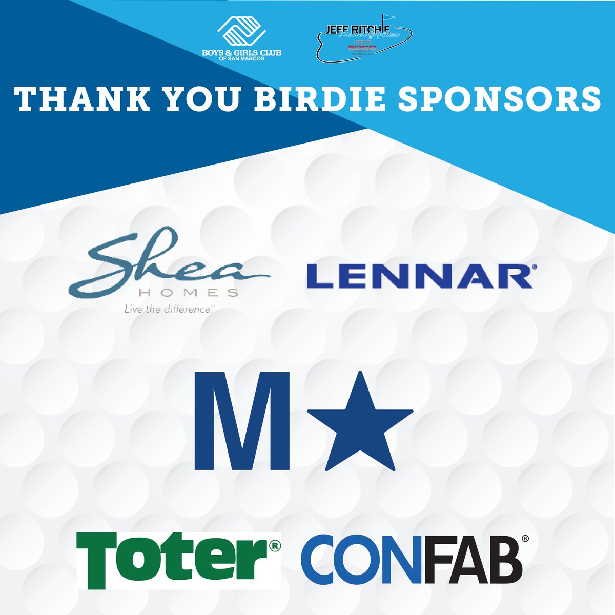 boysgirlsclubsm's tweet photo. 8 days away from the 2023 Jeff Ritchie Memorial Golf Tournament! Thank you to our Birdie Sponsors, Shea &amp; Lennar Homes, Microstar Logistics, and Confab &amp; Toter in helping build #greatfutures
@SheaHomesSD @LennarSanDiego @MicroStarKegs @ConfabHQ  @ToterLLC 
#bgcsm https://t.co/vmYIdGAJVF