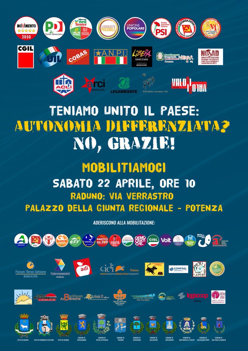 PD_Matera's tweet photo. Il #PdMatera sarà a Potenza insieme ai sindacati e alle associazioni nella giornata organizzata per sabato 22 aprile, a partire dalle ore 10, davanti il palazzo del Consiglio Regionale.
Da #Matera, da #Potenza e dalla #Basilicata un’unica voce a tutela della nostra #Costituzione! https://t.co/vidRL0yXA7