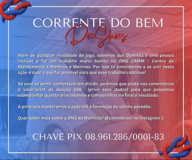 roodtv's tweet photo. 🚨BOA AÇÃO: fandom dos participantes Amanda e Cara de Sapato criam ‘corrente do bem’ com intuito de arrecadar dinheiro para a ONG CAMM, projeto de Domitila Barros.

Chave pix para quem quiser ajudar: 08.961.286/0001-83

#BBB23 #RedeBBB https://t.co/9DvBn4W3nF