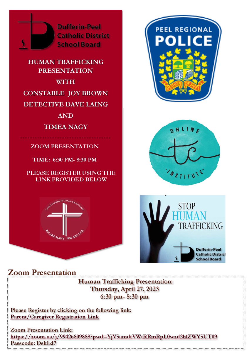 REMINDER: SAVE THE DATE
April 27 @ 6:30pm
<a href="/DPCDSBSchools/">Dufferin-Peel Catholic District School Board</a> alongside Officers from <a href="/PeelPolice/">Peel Regional Police</a> Human Trafficking division will be holding a presentation on Human Trafficking. Come &amp; hear from two formerly trafficked women. Zoom link below. See you there.

dpcdsb.org/Documents/Huma…
