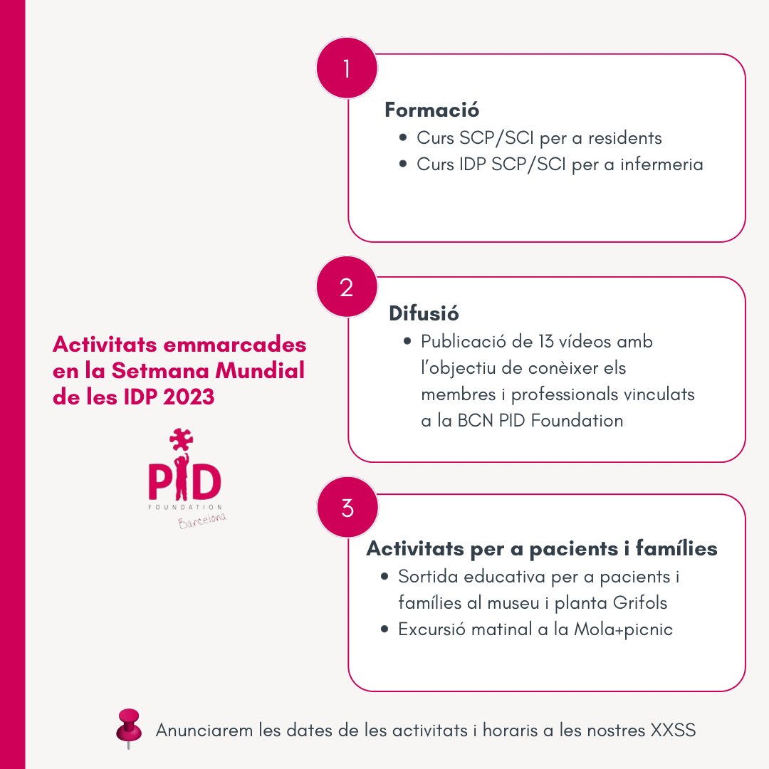 Dissabte comença la Setmana Mundial de les #IDP 2023, i hem preparat activitats i sorpreses! Volem prendre consciència de la necessitat de recerca, de cohesió i de fer-ne difusió. Passeu una bona setmana i gaudiu del que us oferirem 💪🏻  #WPIW2023  #WorldPIWeek #WPIW @WorldPIWeek