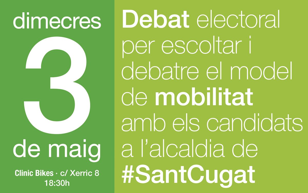 BiciStCugat's tweet photo. [Debat electoral #Mobilitat #SantCugat]
Reserveu data: Dimecres 3 de maig a les 18:30h, a #ClinicBikes del c/ Xerric 8 de #SantCugat. #BiciStCugat #Municipals2023 #StCugat23 #DebatMobilitat
Quin és el model de mobilitat dels partits?
Què defensen? Contaminació? Propostes? RT? https://t.co/tXJ47aqCYY