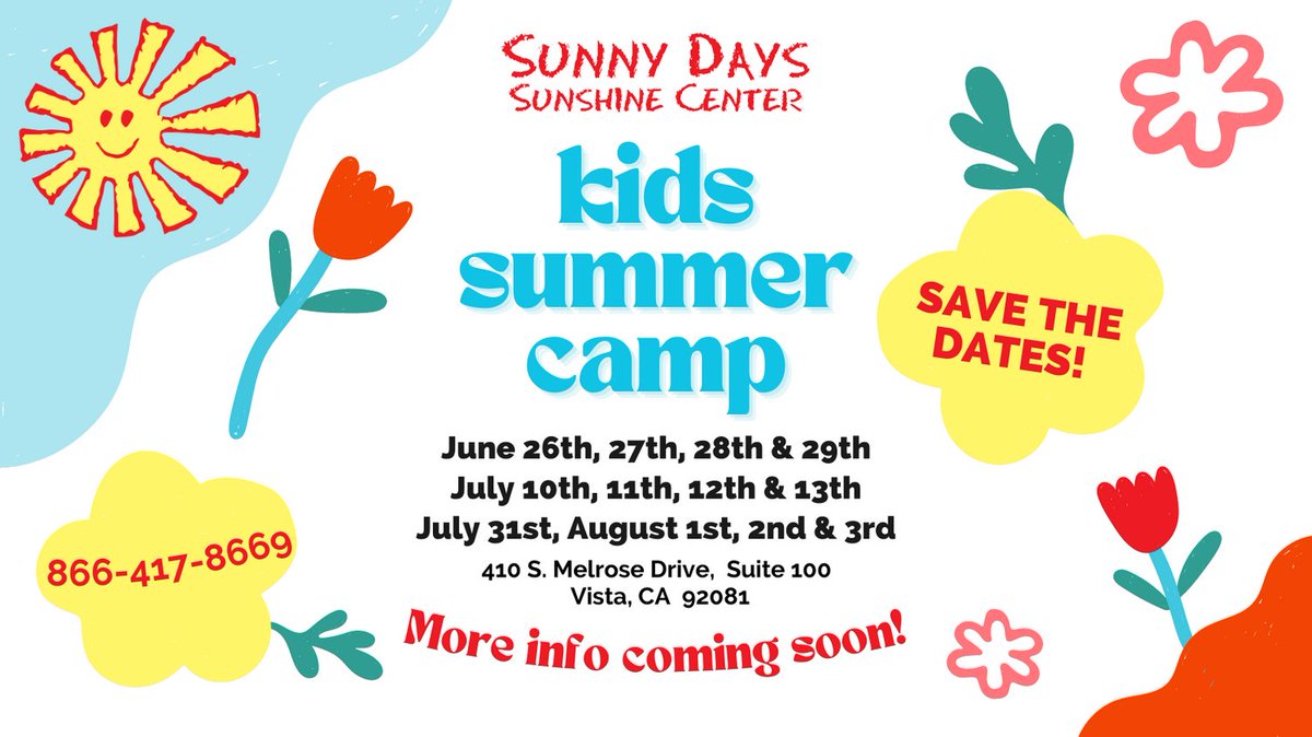 SunshineCtrFam's tweet photo. โ๏ธ #NorthSanDiego families: Do you have plans for your little one this summer? ๐ Our #Vista ๐ด #SunshineCenter is offering day mini-camps! ๐ Save the dates & reach out for more info ๐ https://t.co/NFhh0cn9zI #SpecialNeeds #EarlyEd #SummerFun #ASD #ABA #OT #PT #SLP #SPD https://t.co/S7aEF5hDcw