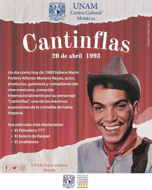 UNAMCultMorelia's tweet photo. «¿No que no chato?» Hoy recordamos a Mario Moreno “Cantinflas”, el actor y cómico mexicano murió un día como hoy de 1993. https://t.co/Y4Rve2W5lh