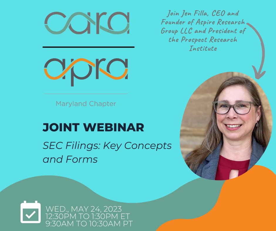 CARA_org's tweet photo. Join fundraiser, consultant and author Jen Filla during her upcoming webinar, “SEC Filings: Key Concepts and Forms” on Wed., May 24, 9:30-10:30 am PT/12:30-1:30 pm ET. This online event is jointly hosted by CARA and APRA Maryland.

Register Today: https://t.co/g0H3MmYWhH https://t.co/lnEOi3XAeA