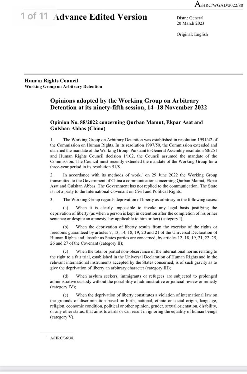 Breaking News! The <a href="/UN_HRC/">UN Human Rights Council</a> Working Group on Arbitrary Detention issued an opinion determining the unjust detention of my brother #EkparAsat, #GulshenAbbas, and Qurban Mamut is arbitrary. It ordered China to free victims and fully investigate rights violation &amp; compensate victims.