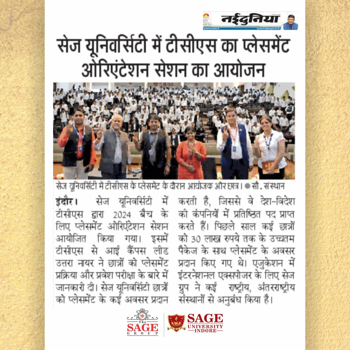JainPrasona's tweet photo. "Embarking on a Path to Success: TCS Recruitment Orientation for B Tech and MCA 2024 Batch Students at SAGE University, Indore with a Warm Welcome to HR Ms. Uttara Nair and Delegates"
#TCS #drpratikjain #SAGEUniversityBhopal SAGE University T&amp;P Cell SAGE University Indore https://t.co/9HjDYEc14t