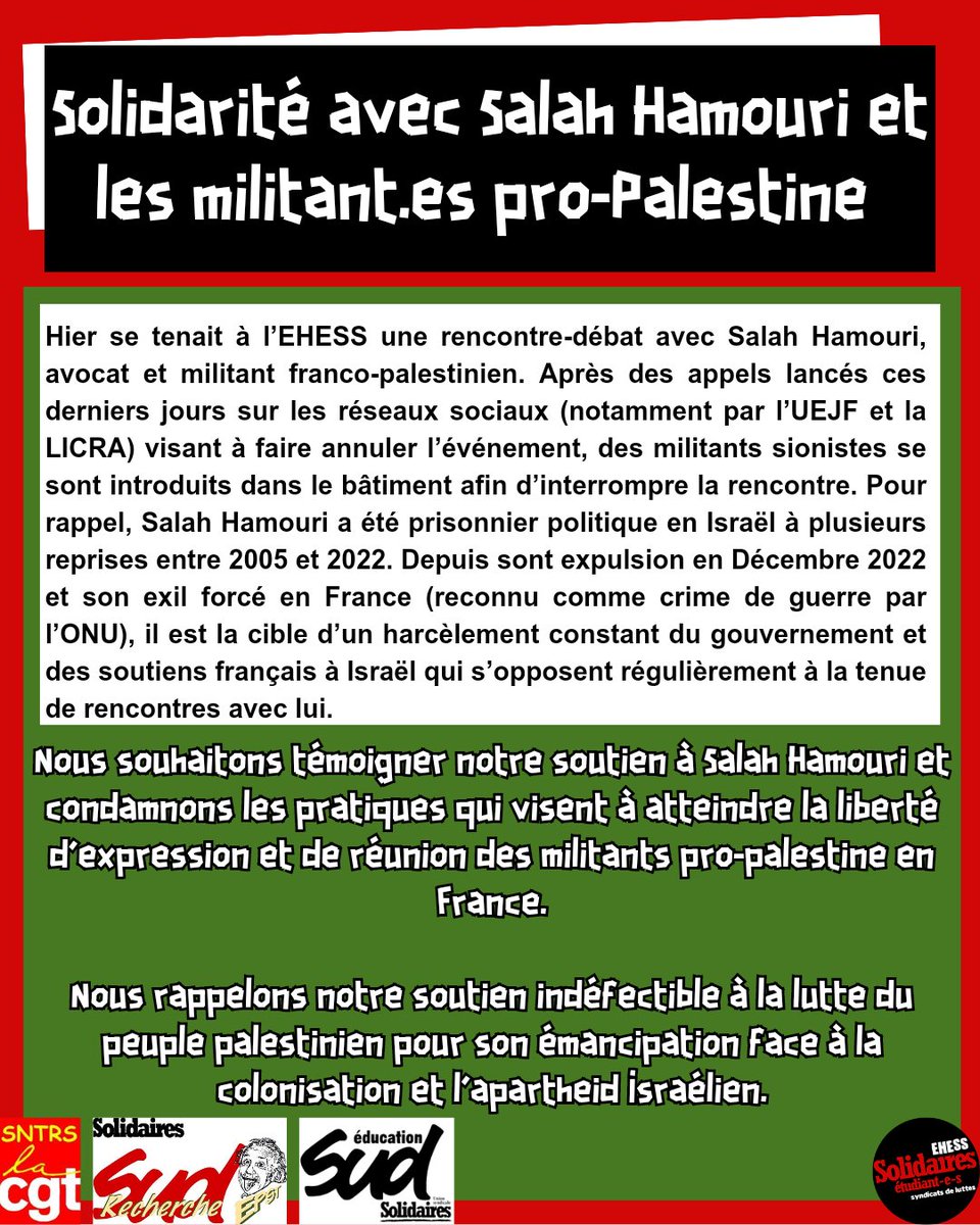 SolidairesEHESS's tweet photo. Communiqué en solidarité avec Salah Hamouri et les militant.e.s pro-Palestine.

Signé par Solidaires étudiant.e.s EHESS, SNTRS-CGT Paris Nord, Sud Recherche-EPST, SudEduc

@LiberezSalah https://t.co/KKEKpRYTMv