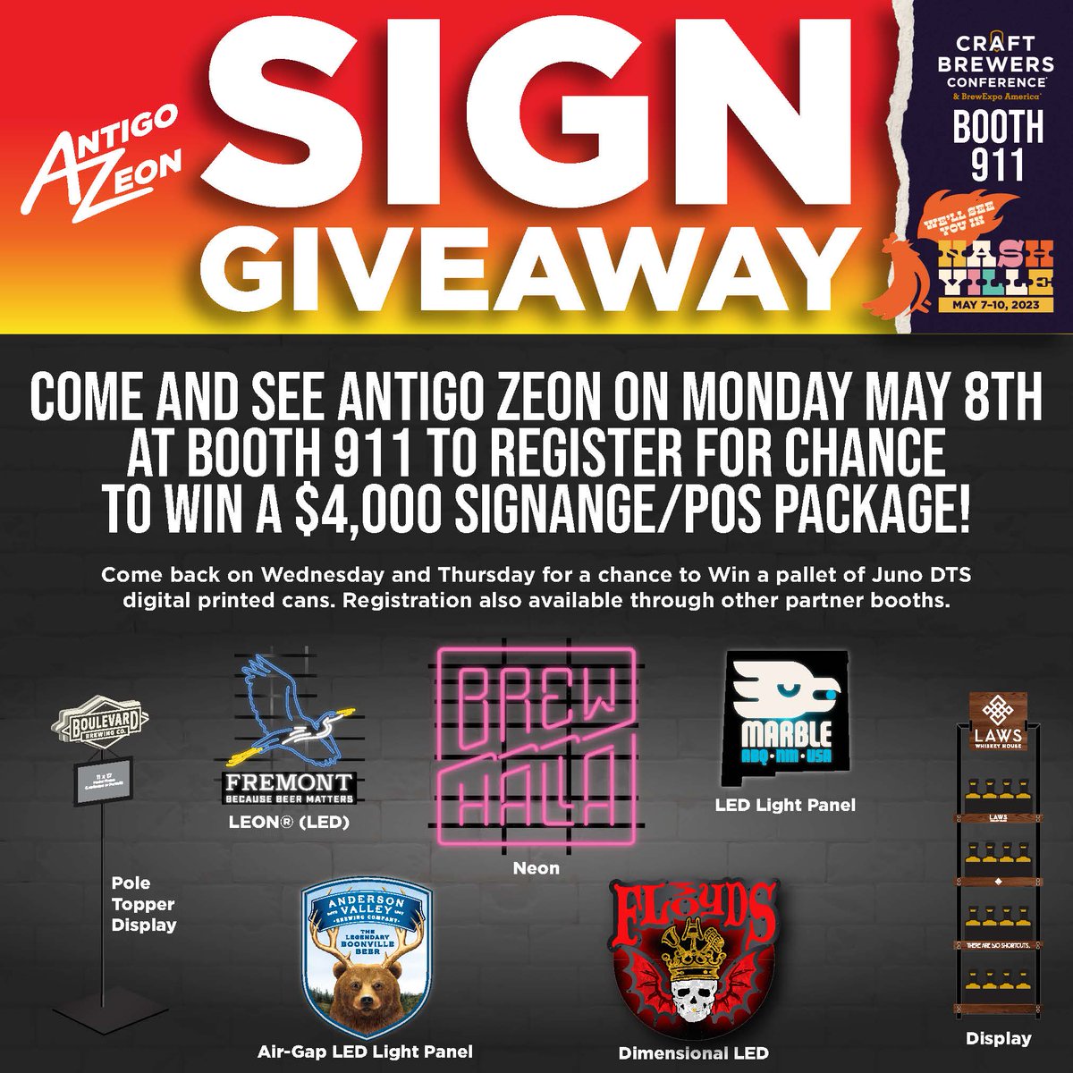 Do you want to win a $4,000 prize package of custom signage/POS from Antigo Zeon? Come see us at in Nashville at the Craft Brewers Conference at booth #911 on Monday May 8th to register to win!
zurl.co/PNpV 
#craftbeer