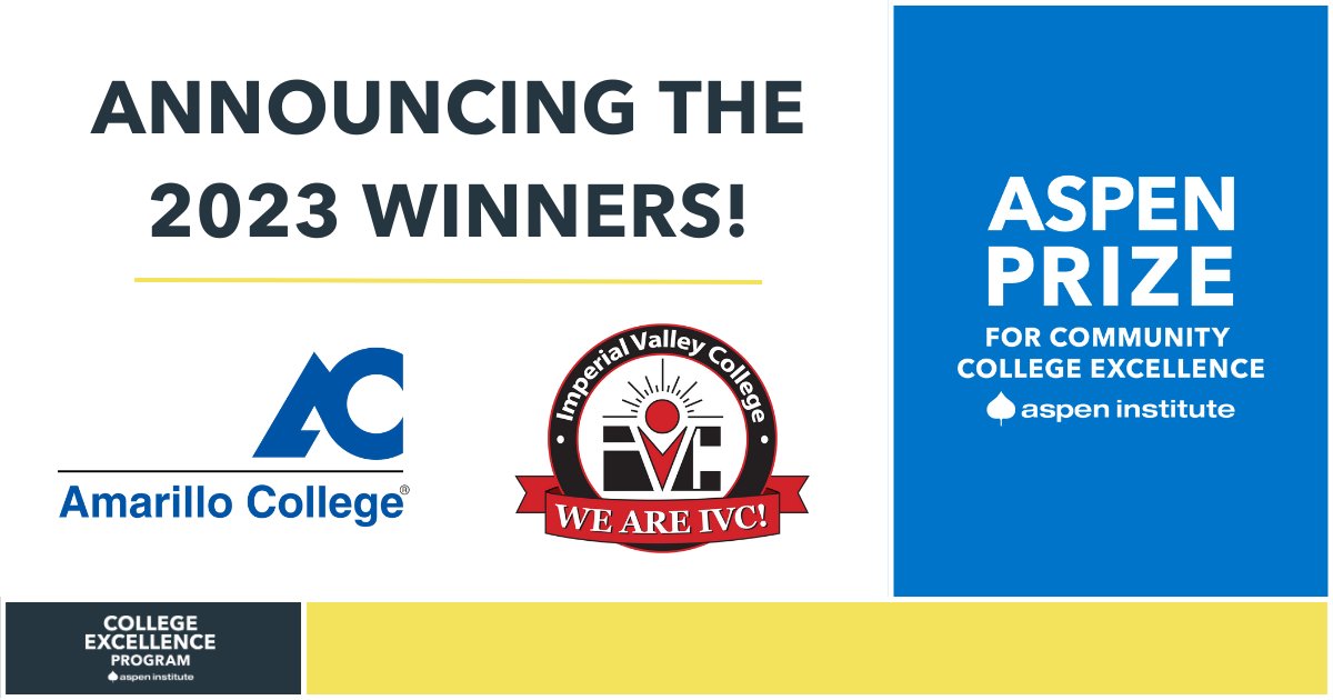 Exciting news: <a href="/AmarilloCollege/">Amarillo College</a> and <a href="/ivcollege/">Imperial Valley College</a>  have been announced as the winner of the 2023 #AspenPrize! 

Join us in celebrating their commitment to advancing equity and improving outcomes for our #comm_college students. as.pn/prize

#CCMonth