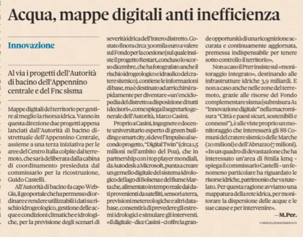 autoritadac's tweet image. #Mappe digitali per gestire al meglio la risorsa idrica

Se ne parla nell'articolo di #oggi del @sole24ore con Marco Casini, Segretario generale #ABDAC 
Grazie a @ManuelaPerrone per questo bel pezzo che racconta il percorso e i progetti #digitali che stiamo lanciando 
#water