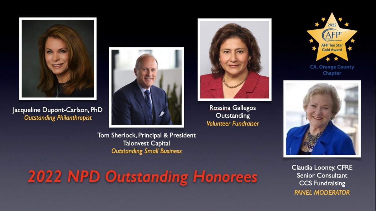 AFPOrangeCounty's tweet image. Don't miss this month's Luncheon! Meet  Philanthropist, Jacqueline Dupont-Carlson; Talonvest Capital's Pres., Tom Sherlock &amp;amp; Union Bank VP, Rosina Gallegos, who will share insights on OC Fundraising from their unique perspectives.
Tickets and Info: bit.ly/422V29l