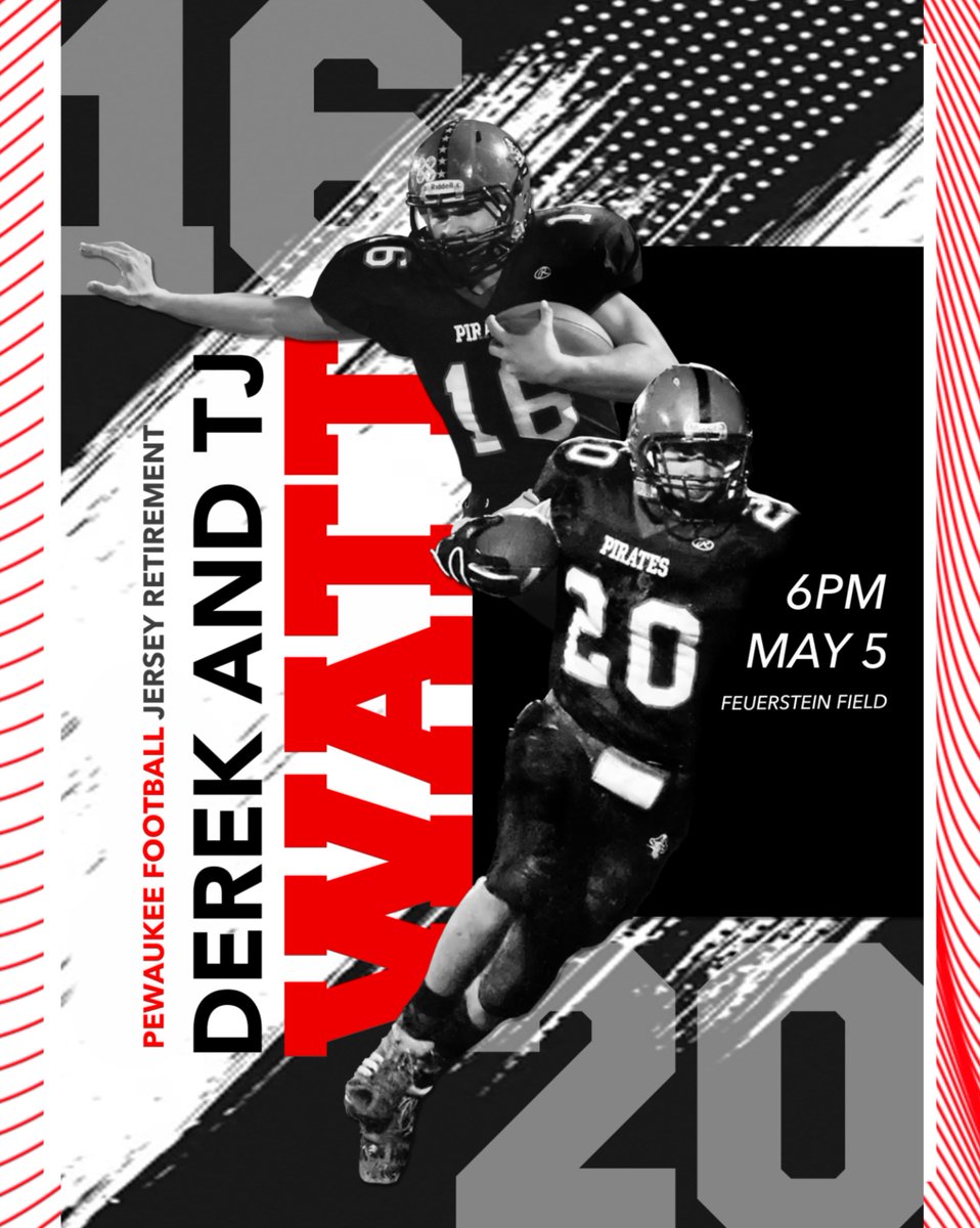 Pewaukee High School (@pewaukeehs) on Twitter photo Pewaukee High School and Pewaukee Athletics is proud to announce the jersey retirement for Derek and TJ Watt.  
The ceremony will be at the Pewaukee High School football stadium on May 5th at 6pm.
Please consider joining us to celebrate two of our most celebrated Pirates Pewaukee High School and Pewaukee Athletics is proud to announce the jersey retirement for Derek and TJ Watt.  
The ceremony will be at the Pewaukee High School football stadium on May 5th at 6pm.
Please consider joining us to celebrate two of our most celebrated Pirates