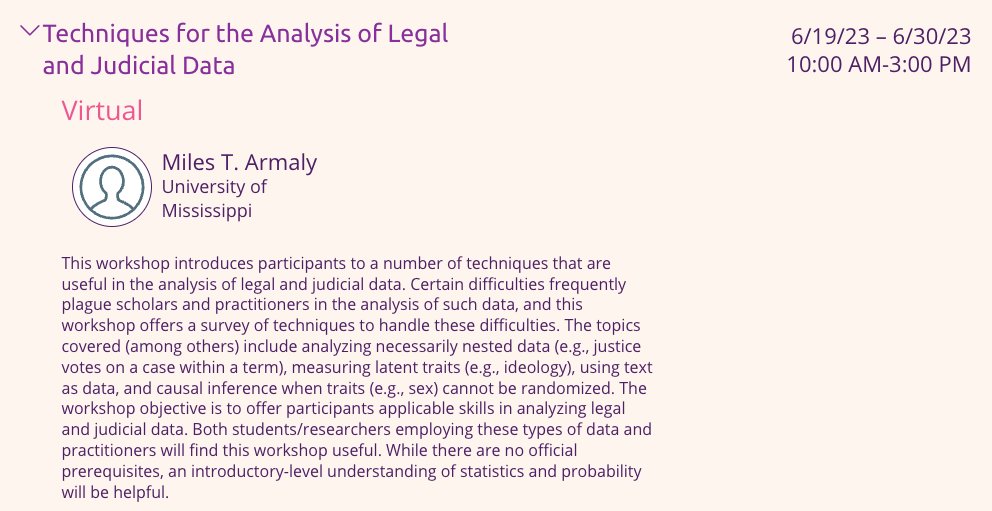 Miles T. Armaly (@milesarmaly) on Twitter photo Join me for my virtual <a href="/ICPSRSummer/">ICPSR Summer Program</a> short workshop from 6/19-6/30.
Great for anybody interested in <a href="/LawCourtsAPSA/">Law and Courts</a>!
DM with questions. Join me for my virtual <a href="/ICPSRSummer/">ICPSR Summer Program</a> short workshop from 6/19-6/30.
Great for anybody interested in <a href="/LawCourtsAPSA/">Law and Courts</a>!
DM with questions.