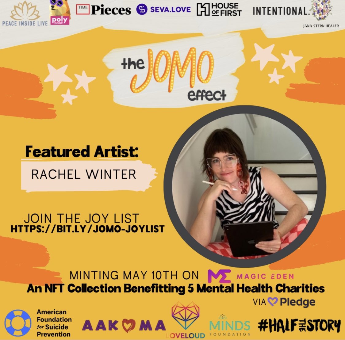 House of First (@houseoffirst) on Twitter photo We are thrilled to announce that <a href="/rachel__winter/">Rachel Winter (she/they)</a> is a contributing artist for the #JomoEffect NFT drop supporting #MentalHealthAwarenessMonth 🎉
The May 10th mint on @onplygon_ on <a href="/MagicEden/">Magic Eden 🪄</a>, will feature 55 editions of her new #NFT in support of 5 Mental Health charities! 🧵 We are thrilled to announce that <a href="/rachel__winter/">Rachel Winter (she/they)</a> is a contributing artist for the #JomoEffect NFT drop supporting #MentalHealthAwarenessMonth 🎉
The May 10th mint on @onplygon_ on <a href="/MagicEden/">Magic Eden 🪄</a>, will feature 55 editions of her new #NFT in support of 5 Mental Health charities! 🧵