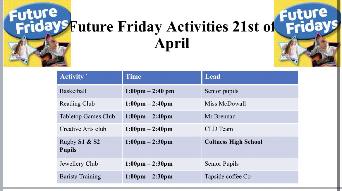 FridaySahs's tweet photo. Future Friday activities tomorrow 😀, come along and join the fun! https://t.co/o0YSqyY6J0