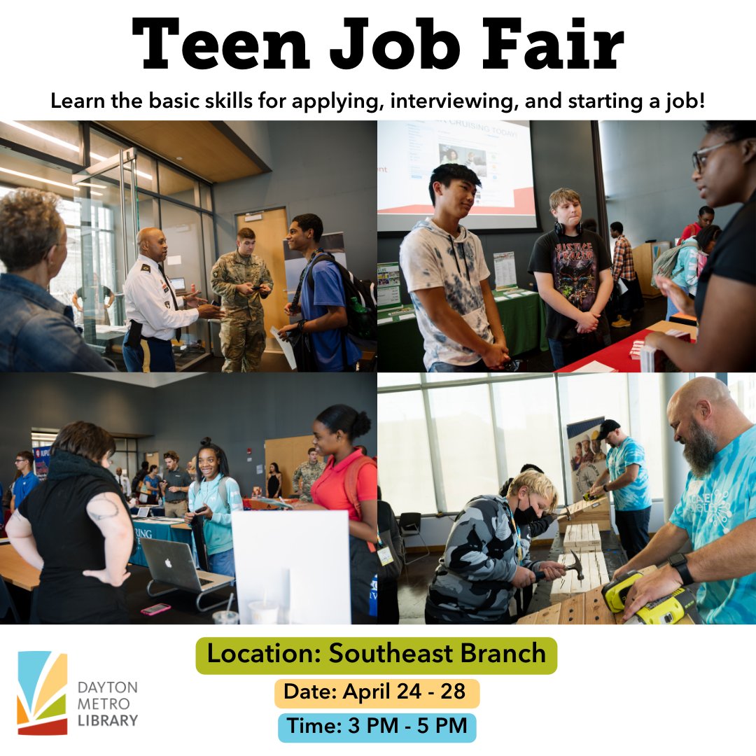Daytonlibrary's tweet photo. Hey teens! ๐ Are you looking for a part-time job or need more experience working with people? Check out the upcoming Teen Job Fair at our Southeast Branch going on from Monday, 4/24 to Friday, 4/28 - you won't want to miss it! #TeenJobFair #JobOpportunities #TeensAtWork https://t.co/OZAaMa9EwE