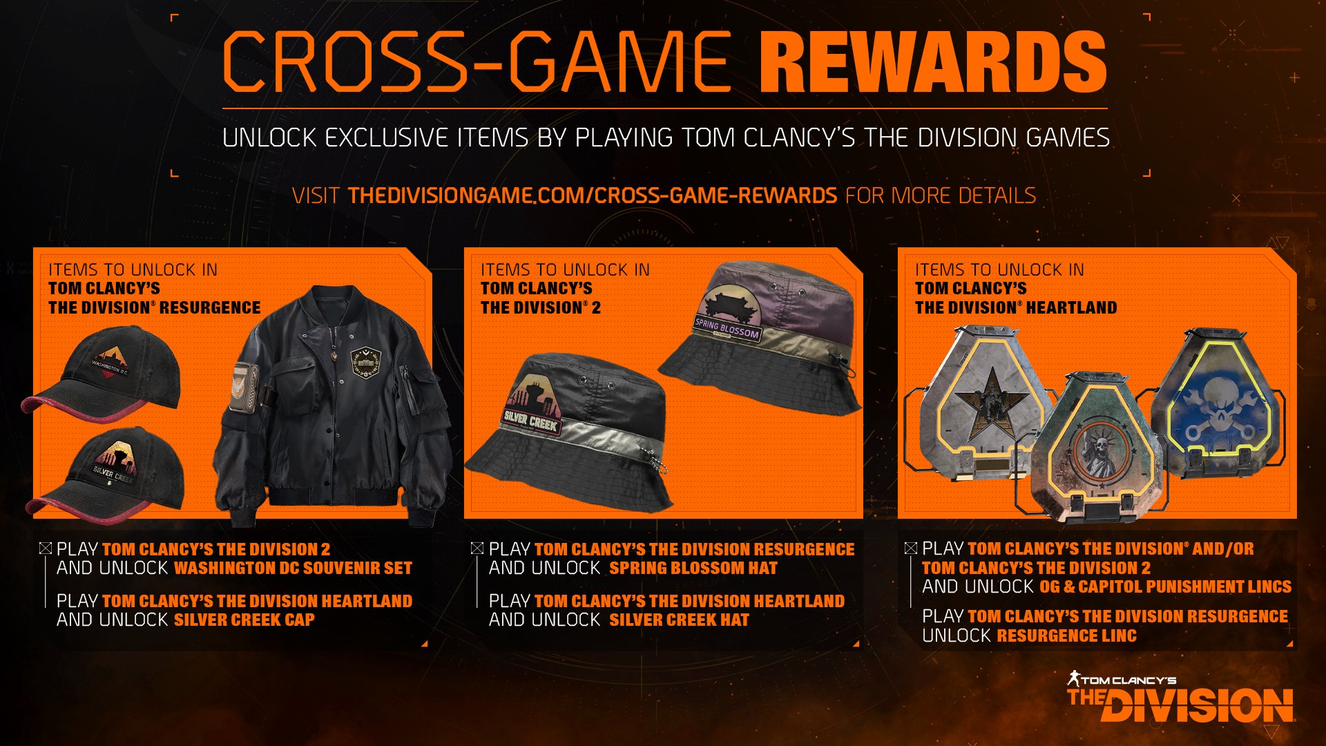 Tom Clancy's The Division on Twitter: "Good news if you're currently playing and planning to play all three games in The Division universe! You'll get to unlock some unique cross-game cosmetic rewards