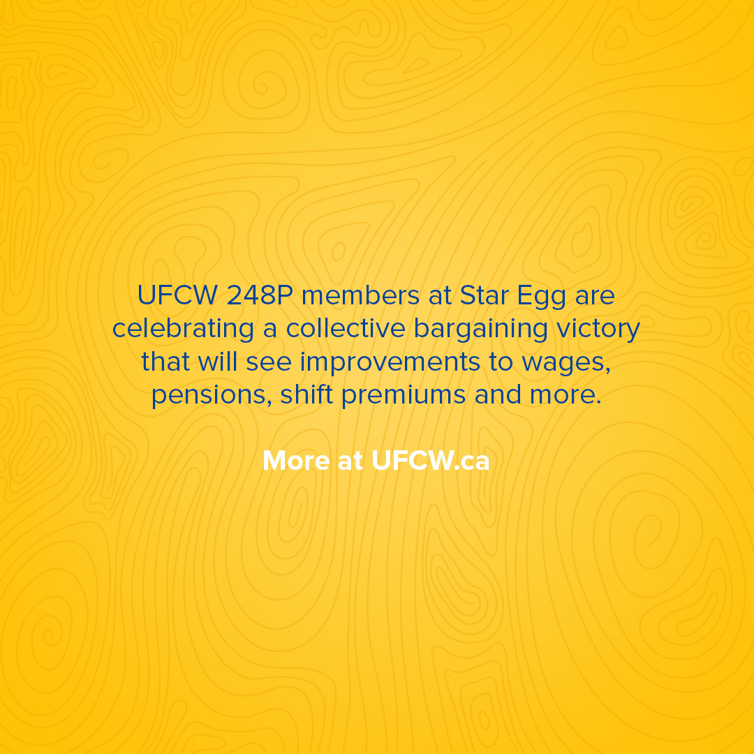 UFCWCanada's tweet photo. We would like to wish a big congratulations to UFCW 248P members working at Star Egg in Saskatoon, Saskatchewan on achieving a new #UFCW collective agreement bringing improvements to wages, pensions, shift premiums, and more. 

More here: https://t.co/PPLpx1ImqA

#canlab #1u