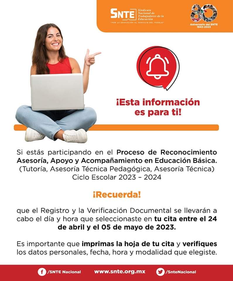 💢 Si participas en el Proceso de Reconocimiento Asesoría✅ Apoyo✅ y Acompañamiento en Educación Básica 2023-2024 ✅ ᴀɴᴏᴛᴀ 📝 el Registro y Verificación Documental✔️ será el día/hora de tu cita 👉entre #24DeAbril y #5DeMayo Verifica tus datos y la modalidad que elegiste 🧑‍💻