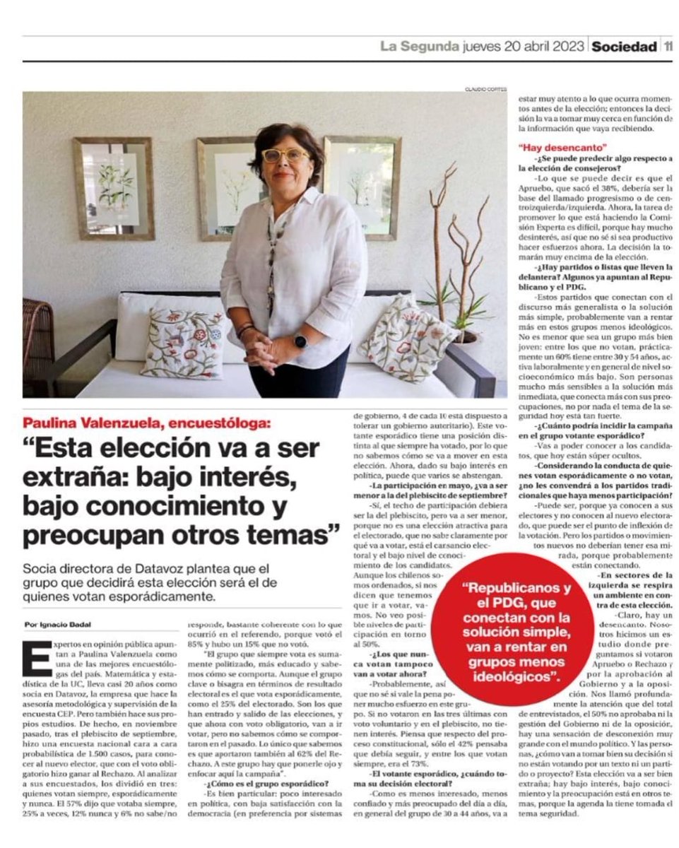 DatavozStatcom's tweet photo. Hoy en La Segunda, entrevista a Paulina Valenzuela @pauvalen_ socia directora de Datavoz sobre las próximas elecciones. #datavoz #lasegunda @La_segunda👋📹 https://t.co/QWqh2FiI1s
