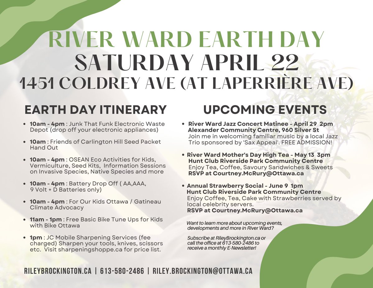 🌎Earth Day! ♻️Sat April 22, 10am–4pm
<a href="/RiverWardRiley/">Riley Brockington</a> has organized the annual River Ward event in Carlington. Drop off your e-waste &amp; batteries. Access knife sharpening services, basic 🚴‍♂️bike tune ups for kids, 🌳environmental info from <a href="/OSEAN_Ottawa/">OSEAN</a> and free seed packages!