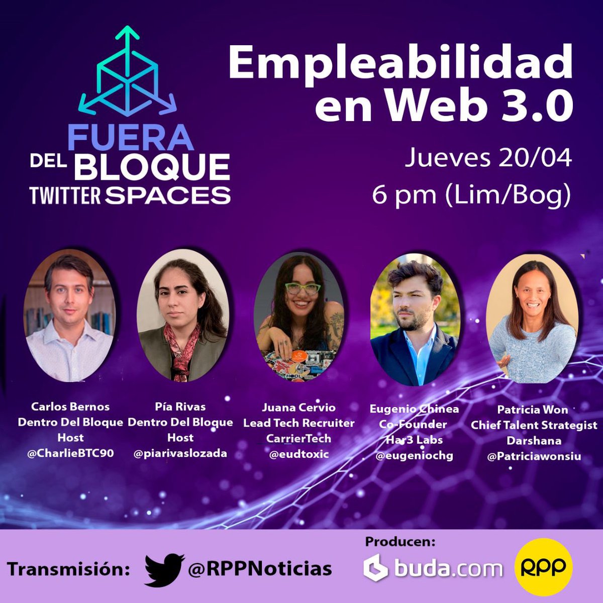 Los TS de <a href="/RPPNoticias/">RPP Noticias</a> y <a href="/BudaPuntoCom/">Buda.com</a> no paran 🙌

➡️ Empleabilidad en Web 3.0 ⬅️

Nos acompañan <a href="/eudtoxic/">Nita • Juana Cervio | tech & blockchain recruiting</a> , <a href="/eugeniochg/">Eugenio🐍</a> y <a href="/Patriciawonsiu/">Patriciawon</a> para conversar sobre el tema.

Cc: <a href="/piarivaslozada/">Pía Rivas Lozada</a> <a href="/josemiucendo/">Josemi Ucendo</a>