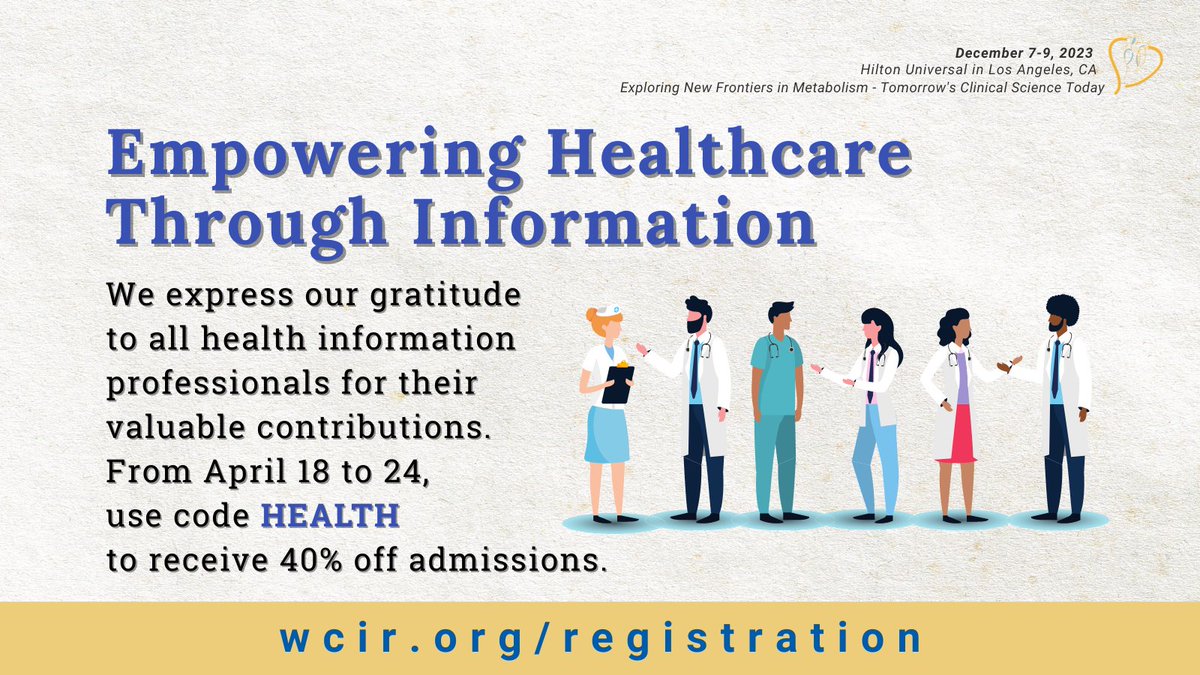 WCIRDC's tweet photo. We are empowering Healthcare through Information: Happy #HIPWeek23! As a special treat, use code HEALTH to receive 40% off on the upcoming 21st annual @WCIRDC. Get the opportunity to learn, network, and earn #cme in December; visit https://t.co/ZvKLxXAYCh

#meded #cardioed https://t.co/F8udDkcDjd