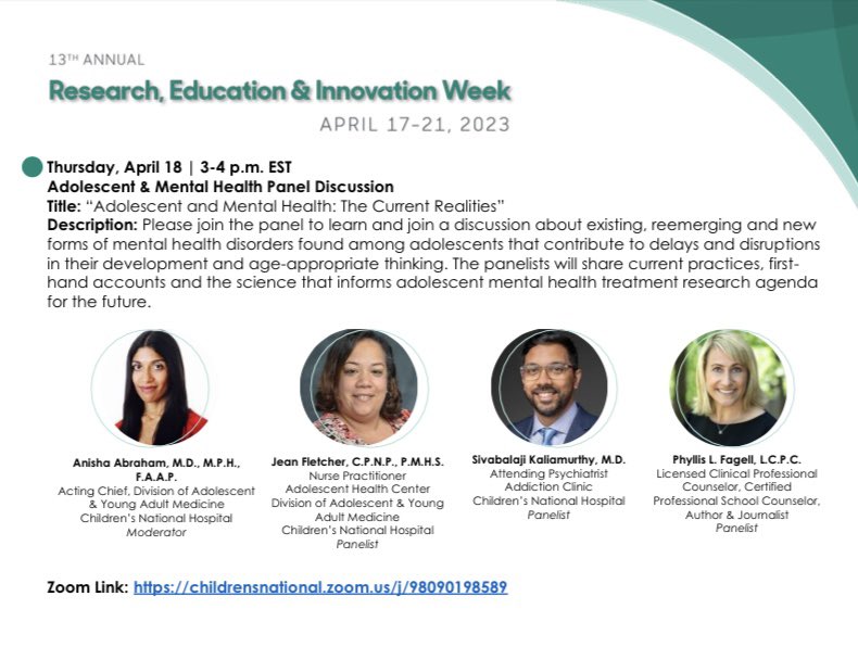 Pfagell's tweet photo. Looking forward to joining this panel of experts at 3pm today! We'll discuss "Adolescent & Mental Health: The Current Realities." The event is in person, but you can also join us via this Zoom link: https://t.co/AqjBarnmqI #reiweek2023 @dranishaabraham @SKaliamurthy https://t.co/p9l7I1u8dI