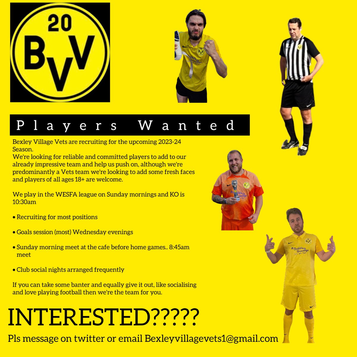 BVV (@bexleyvets) on Twitter photo We're still looking for the next 🐐! Could that be you 🤔
Do you love a 🍳🥪🌭 before games and a 🍻 afterwards.
Look 👀 no further!!
We offer plenty of 🤣 and a 🥳 atmosphere aswell as 🍾 football!! ✔️⚽️
<a href="/purelyplayers/">Purely Players - 🏴 #FFFUK</a> <a href="/matchark_uk/">Matchark: Find Players & Clubs</a> <a href="/findaplayer/">Find A Player</a> <a href="/findmeaplayer/">Find Me A Player</a> <a href="/PlayerWanted/">Player Wanted</a> We're still looking for the next 🐐! Could that be you 🤔
Do you love a 🍳🥪🌭 before games and a 🍻 afterwards.
Look 👀 no further!!
We offer plenty of 🤣 and a 🥳 atmosphere aswell as 🍾 football!! ✔️⚽️
<a href="/purelyplayers/">Purely Players - 🏴 #FFFUK</a> <a href="/matchark_uk/">Matchark: Find Players & Clubs</a> <a href="/findaplayer/">Find A Player</a> <a href="/findmeaplayer/">Find Me A Player</a> <a href="/PlayerWanted/">Player Wanted</a>