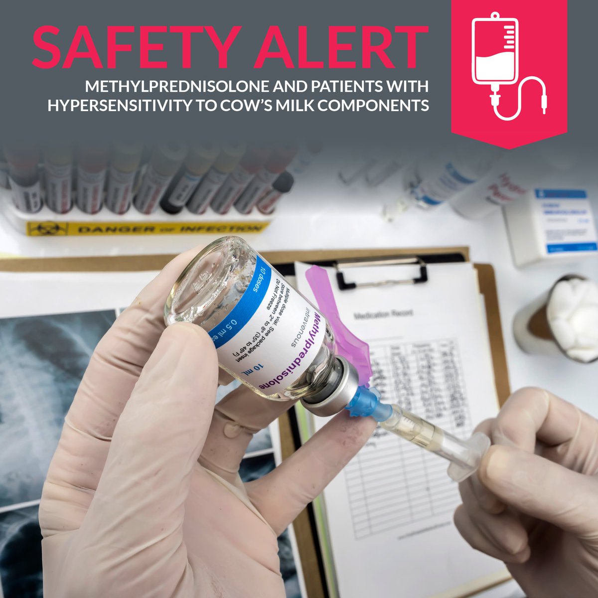 PAPATIENTSAFETY's tweet photo. 𝗣𝗮𝘁𝗶𝗲𝗻𝘁 𝗦𝗮𝗳𝗲𝘁𝘆 𝗔𝗹𝗲𝗿𝘁: A patient with a known hypersensitivity to milk experienced an anaphylactic reaction after receiving an intravenous dose of methylprednisolone drawn from 40 mg vials. (1/6) https://t.co/ofW9oSoAn5