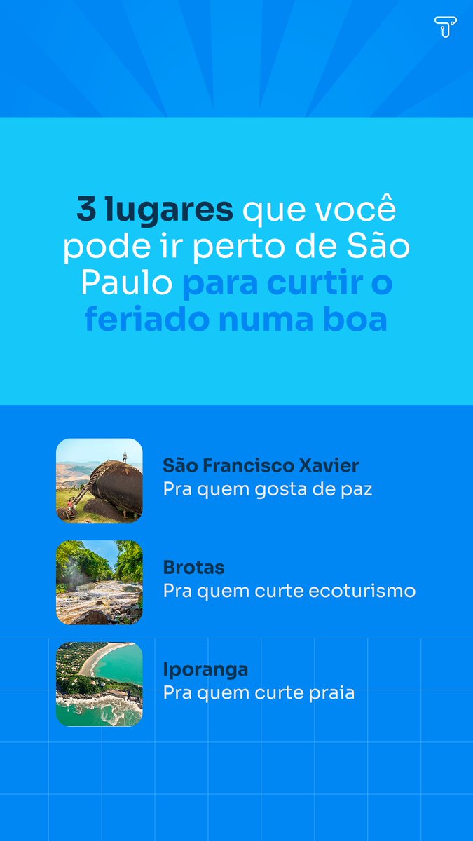 Vai viajar no feriado? ✨

Separamos um checklist pro seu rolê ser tranquilão ✌🏾e 3 lugares que pode ir perto de São Paulo.  😎

PREPARA O PRINT! #VaideTurbi🚙