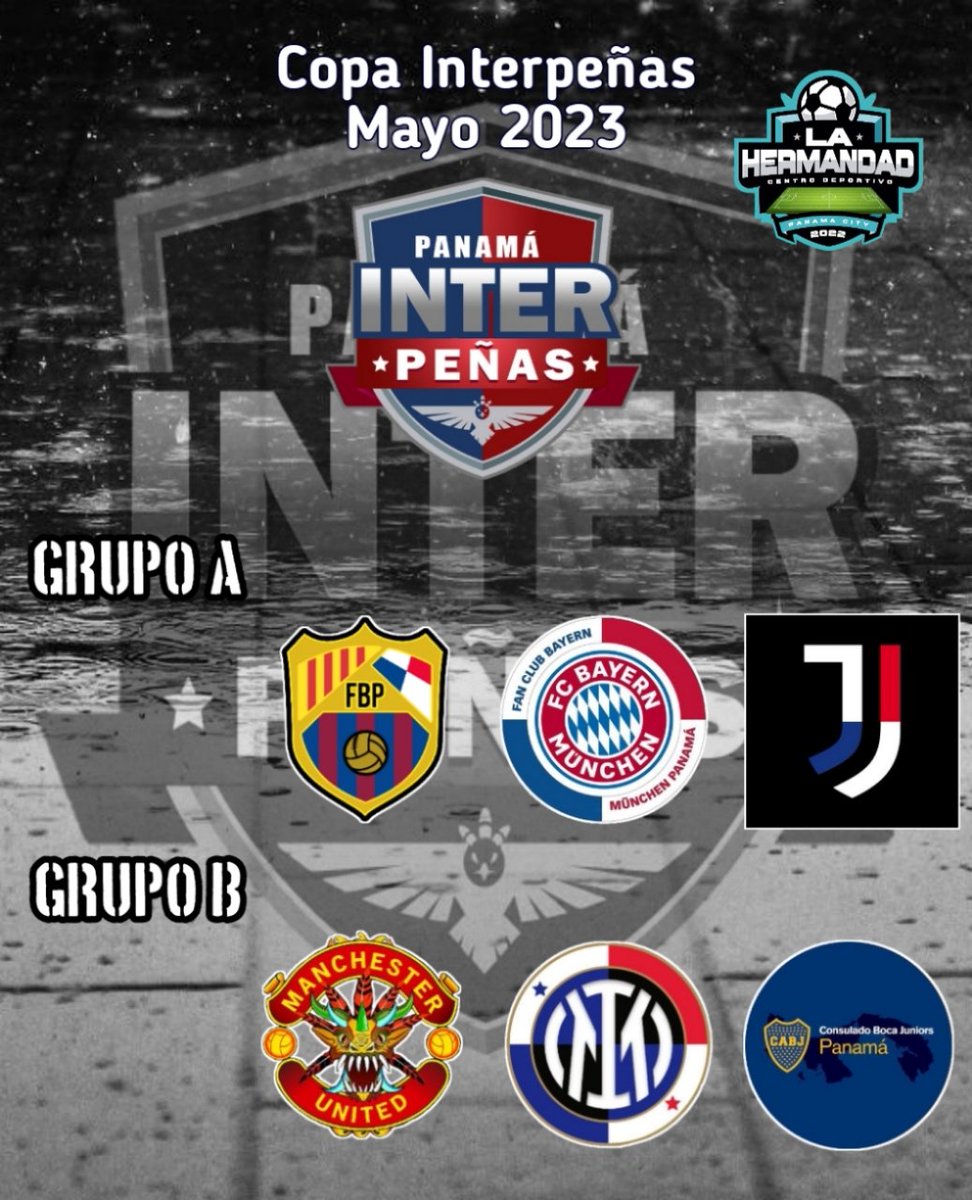 Así quedan los grupos de la Copa Interpeñas 2023 que inicia el próximo sábado 6 de mayo:

GRUPO A:
-<a href="/fblaugranapty/">Peña Familia Blaugrana de Panamá</a>
-<a href="/BayernMunchenPa/">🇵🇦Bayern Munchen Panamá🇩🇪</a>
-<a href="/PanamaJuventus/">Juventus Panamá</a>

GRUPO B:
-<a href="/ManUnitedPanama/">Manchester United 👹 - Panamá 🇵🇦</a>
-<a href="/interClubPAN/">Inter Club Panamá - ⭐️⭐️</a>
-<a href="/PanamaBoca/">Consulado Boca Juniors en Panamá</a>