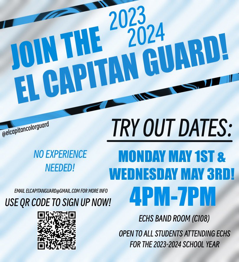 ‼️ ATTENTION ALL 2023-2024 ECHS STUDENTS! ‼️

JOIN THE EL CAPITAN COLORGUARD! 

TRY OUT DATES: Monday May 1st &amp; Wednesday May 3rd from 4PM-7PM. No experience is needed and everyone is welcome! 

Use the link in our bio to sign up now!

#ECCG2023