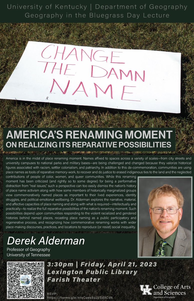 Tomorrow is our 49th Geography in the Bluegrass Day! Join this public lecture by Prof Derek Alderman at the downtown Farish Theater at 3:30pm on Friday April 21st. @MLKStreet