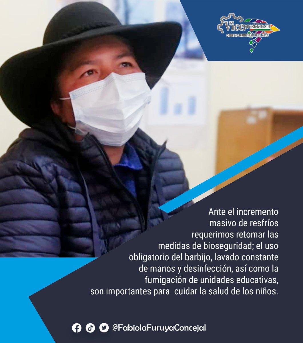 FabiolaConcejal's tweet photo. #LavateLasManos
Ante ola de resfríos, retomemos las medidas de bioseguridad.

#FabiolaFuruyaConcejal
#VicepresidenciaConcejoMunicipalElAlto https://t.co/ZPilpK20YV