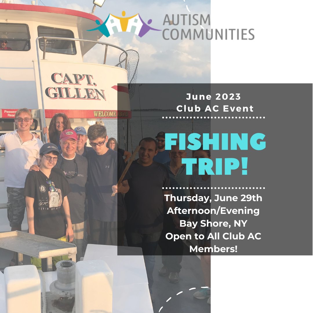 AutismComm's tweet image. We are so excited to host another Club AC event onboard the Captain Gillen! Join us for a fun summer evening of fishing! Open to all Club AC members: autismcommunities.org/club-ac/

#autismcommunities #clubac #AutismAcceptanceMonth
