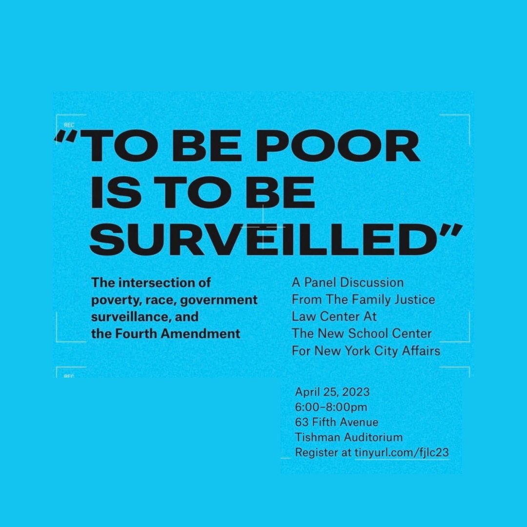 To be poor is to be surveilled. On April 25th, Joyce McMillan will join @DorothyERoberts , @AndreaFElliott, Steven Banks, and David Shalleck-Klein on a panel about the intersection of poverty, race, government surveillance, and the 4th Amendment. eventbrite.com/e/to-be-poor-i…
