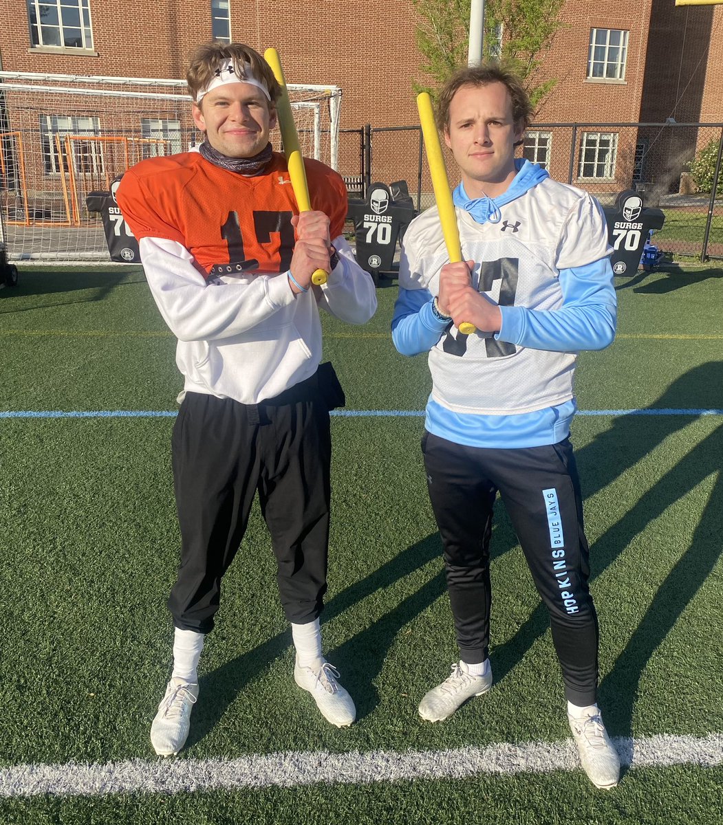 JHU_Football's tweet photo. Epic HR derby yesterday. @nickajsmith and @jakecarreon4 had a battle in Penalty Swings but Nick took the W for his team. Back at it Monday morning. #PrideandPoise https://t.co/bOYs9wkftb