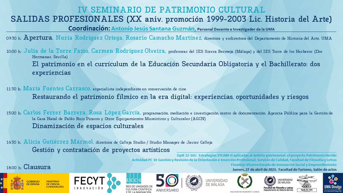 IV #SeminarioPatrimonioCultural Salidas profesionales en #HistoriaDelArte <a href="/HistArtUma/">Departamento de Historia del Arte UMA</a> <a href="/LetrasUma/">Filosofía y Letras</a> <a href="/umaturismo/">Turismo_Uma</a> <a href="/umadivulga/">UMA Divulga</a> <a href="/PtrimonioHerido/">Patrimonio Herido</a>