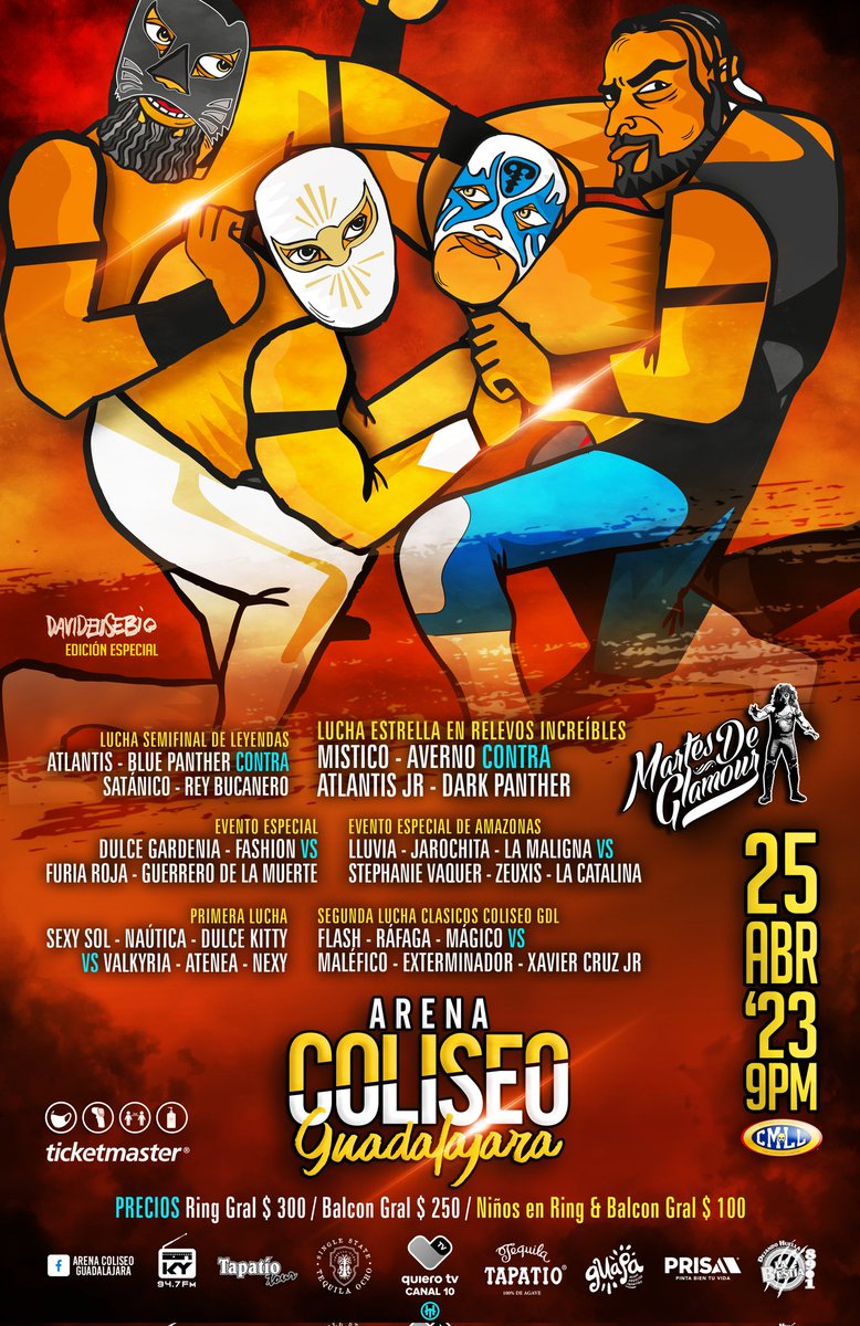 Arena Coliseo Guadalajara
Martes de Glamour
25 Abril 2023
9:00 PM Arena Coliseo Guadalajara
@cmll_mx @_LosColiseinos @CMLL_OFICIAL @Arena_GDL #consejomundialdeluchalibre #luchalibre #luchalibremexicana #luchador #wrestling #wrestler #canon #arenacoliseogdl #martesdeglamour