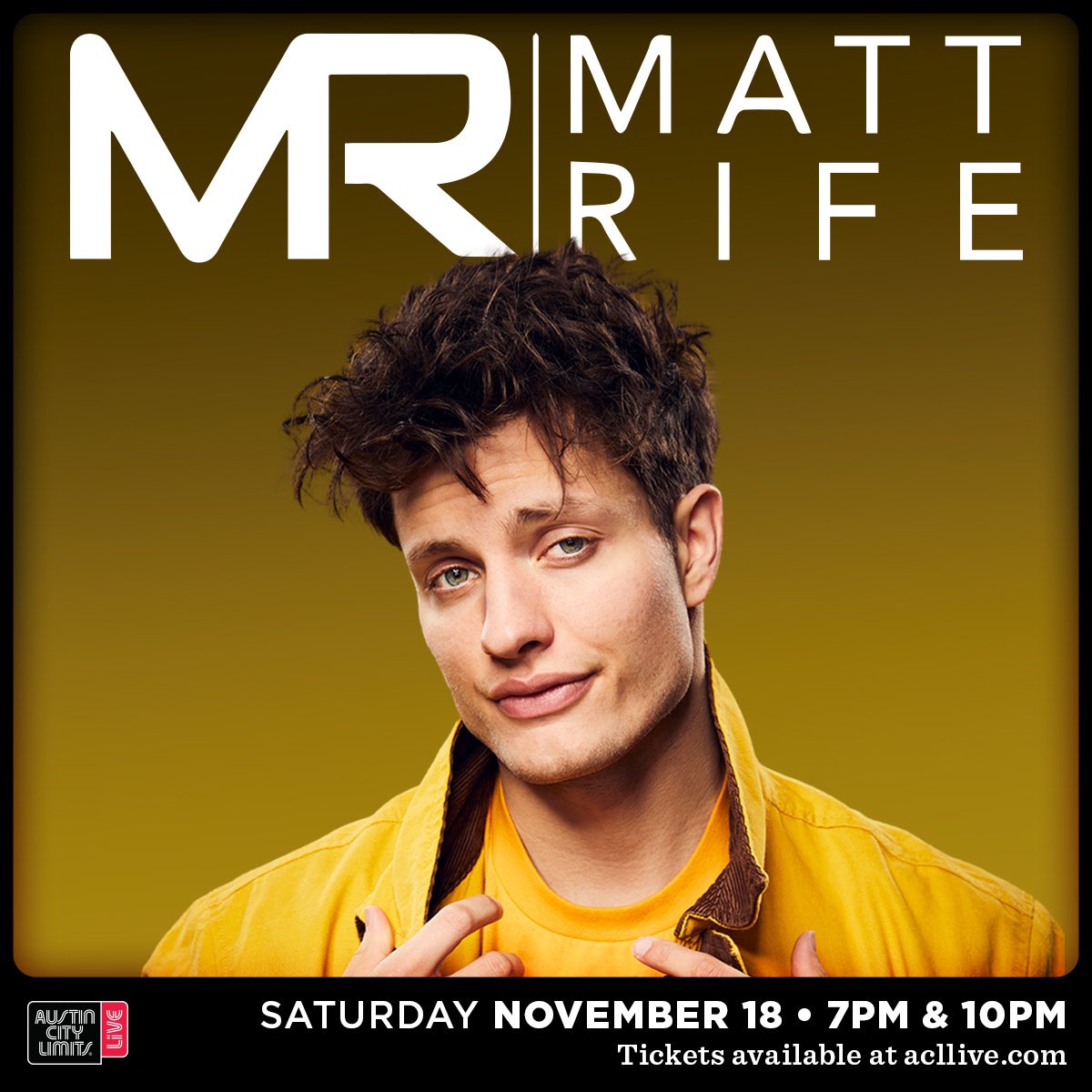 LiveNationCmdy's tweet photo. 📣 Due to overwhelming demand, @mattrife is adding a late show in Austin, TX at 10pm!
🎟️ Onlsale begins Friday at 10am local at https://t.co/3FcP7qehNo
#mattrife https://t.co/PXv41l0AaX