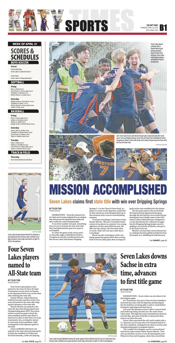 TylerTyre's tweet photo. Be sure to get your copy of the Katy Times at stands today, it includes stories on the @SLsoccer state championship run and coverage from all around Katy ISD. https://t.co/sEdFUfEEHA