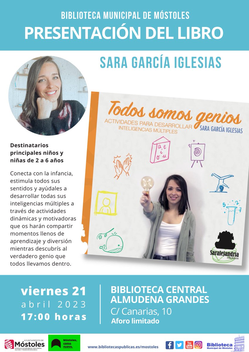 BiblioMostoles's tweet photo. Sara García Iglesias presenta su libro "Todos somos genios" en la Biblioteca Central Almudena Grandes.
Será muy interesante. ¡Familias, sois bienvenidas!
🗓️viernes21 abril
⏰17 horas.
#inteligenciasmultiples #educación #apendizaje #presentaciondellibro  #lanochedeloslibros https://t.co/JVLDVPRrfQ