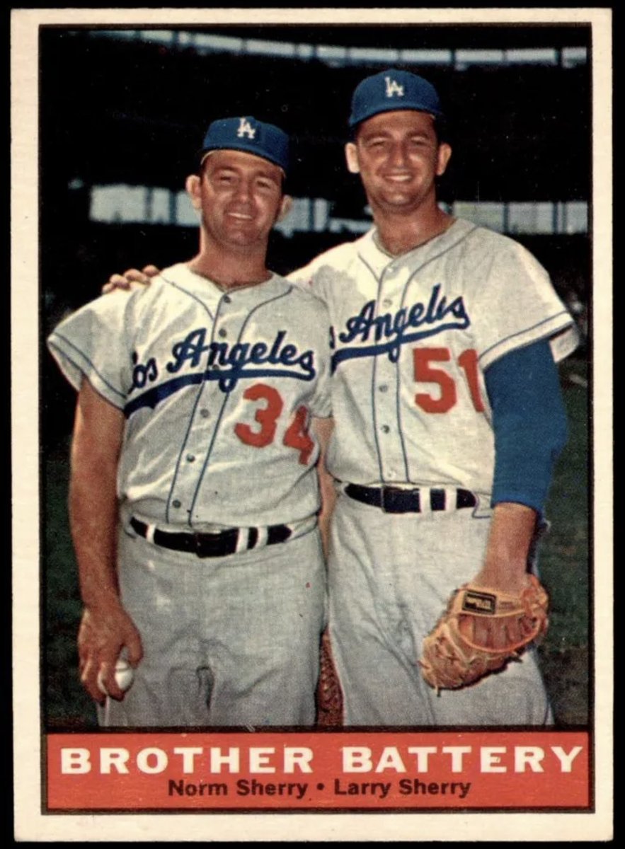 CardboardHistry's tweet photo. Larry’s brother Norm has his own special place in #Dodgers lore. He was catching this “other” Jewish hurler in a ‘61 split squad spring game & they were low on relievers. Norm told the fireballer to “take something off & just put it in there” & the #LeftArmofGod emerged. https://t.co/5WhJFaaAKX
