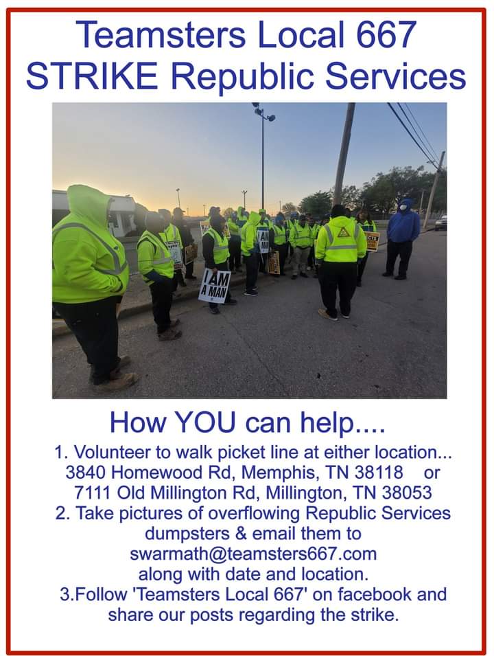 MemphisLabor's tweet photo. Memphis:
Stand with Striking Sanitation Workers, members of @Teamsters Local 667, fighting for safe work conditions at Republic Services. #SafetyOverProfit https://t.co/FXxCnXOkUS