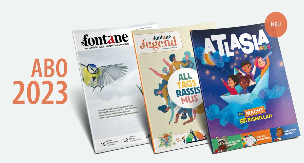 2023 Abo Kampagne: 

Abonnieren Sie unsere Fontäne, Fontäne Jugend und Atlasia Kids - Zeitschriften im Angebot! 

buff.ly/43z4CSW
