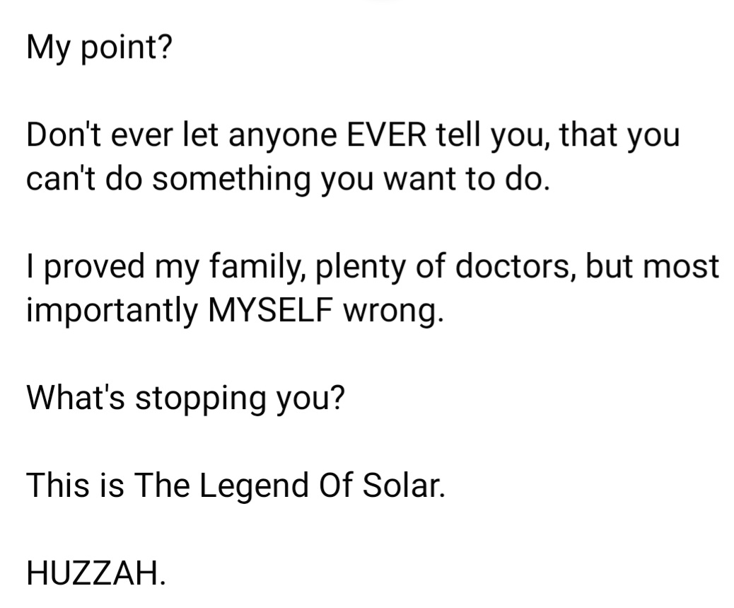 LegendOfSolar's tweet photo. Too much to type but the screenshots tell the story.

My story.

This is the Legend Of Solar.

Huzzah.

Photos from my adventures over the last 20 years will be in the comments. Enjoy my friends. https://t.co/g8yQV7Tx5k