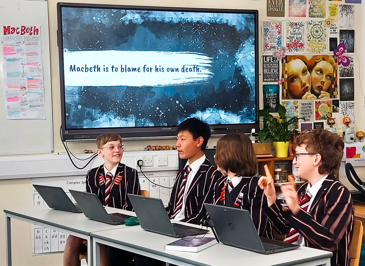 CastleCourtEng's tweet photo. The Year 8s engaging in a riveting debate; "This house believes Macbeth is to blame for his own death." Impressive arguments were presented on both sides! @CastleCourtPrep #PSBschool #Macbeth #CastleCourtCollaboration #CastleCourtCreativity #Prepschooldorset #English #Year8 https://t.co/ZhcCue22Gq