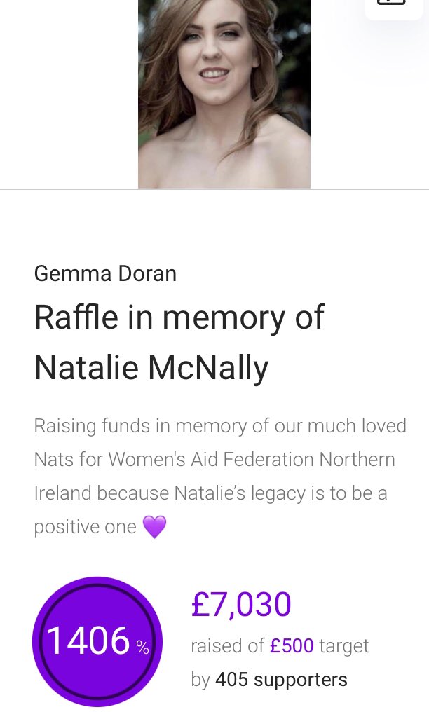 £7000 raised! A great achievement by all involved.

We determined at the very beginning of this agonising tragedy to make Natalie’s memory and legacy so positive no one can take it away, and thanks to the support we’ve received we’re doing that. 

#endVAWG
<a href="/WomensAidNI/">Women's Aid NI</a>